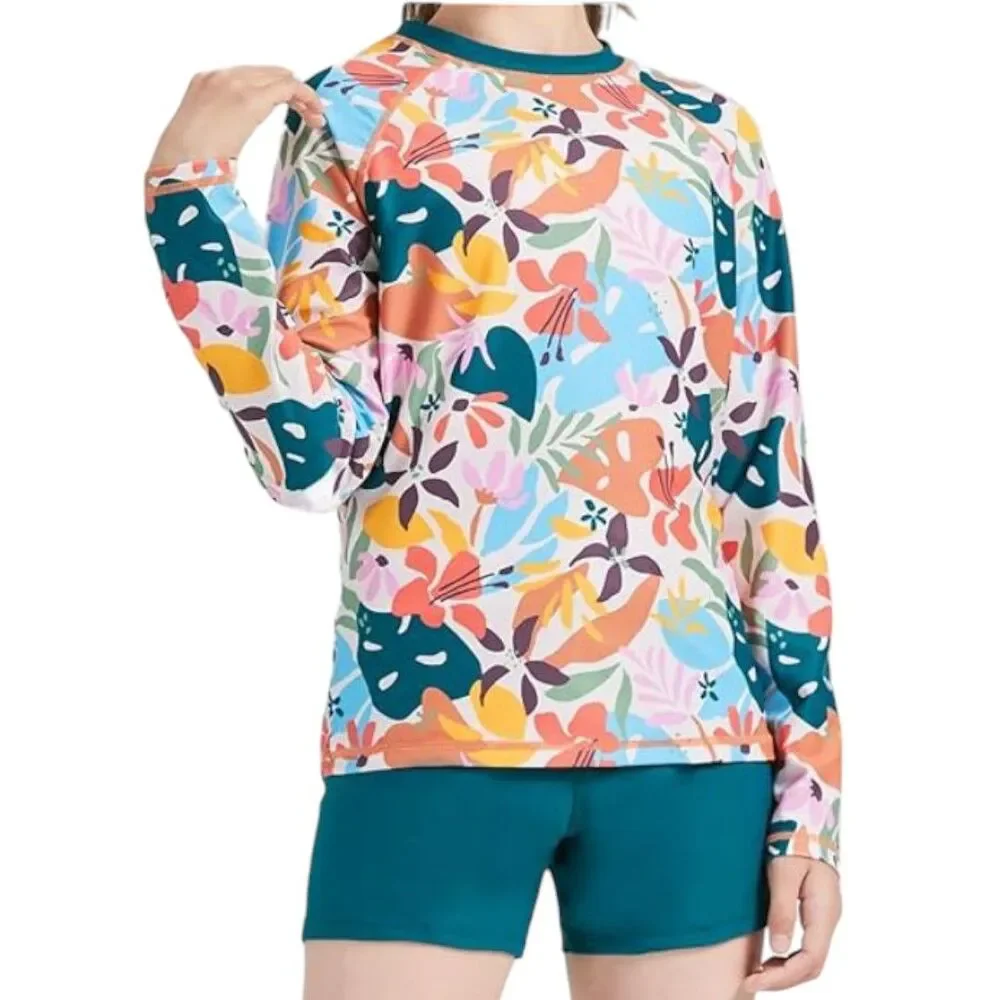 NWT Girls Kid 1234 Swim Shirt 13-14yr Long Sleeve L-XL Rashguard Floral UPF 50